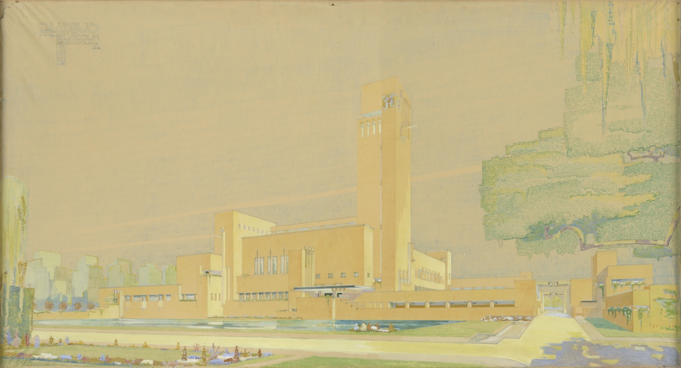 W.M. Dudok, Presentatietekening van het ontwerp voor een raadhuis aan de Witten Hullweg, perspectief zuidgevel, 1924, Tekeningenarchief dienst Publieke Werken gemeente Hilversum, Streekarchief Gooi en Vechtstreek Hilversum, Inventarisnummer SAGV169-20133.