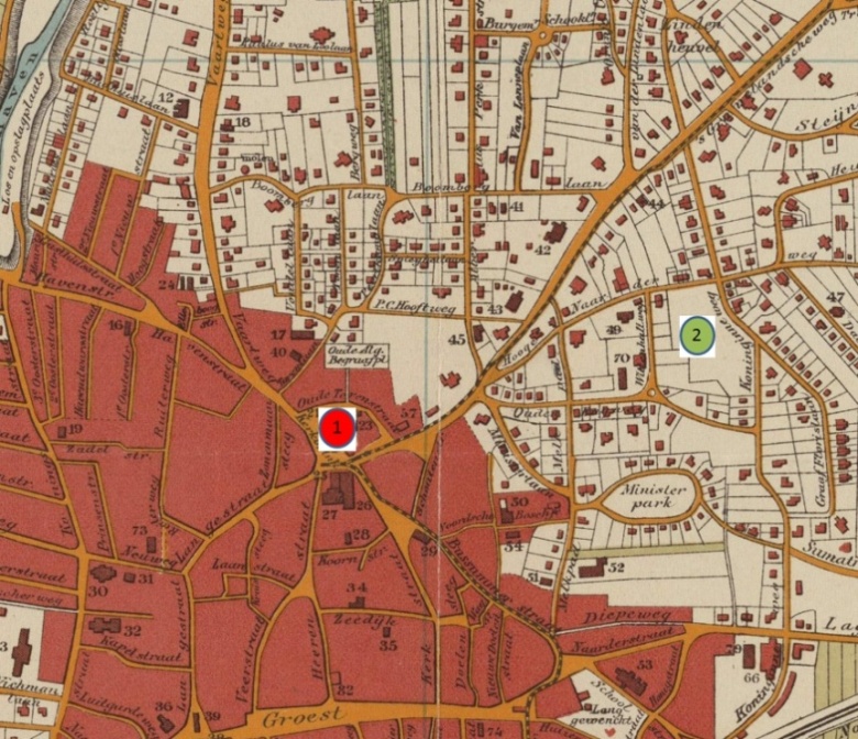 Plattegrond Hilversum met de oorspronkelijke locatie voor het raadhuis (1) en de uiteindelijke locatie (2), Wandelkaart van Hilversum (uitsnede), uitgegeven door J.S. Mulder & Co, 1912, Streekarchief Gooi en Vechtstreek te Hilversum, Inventarisnummer SAGV077-6.