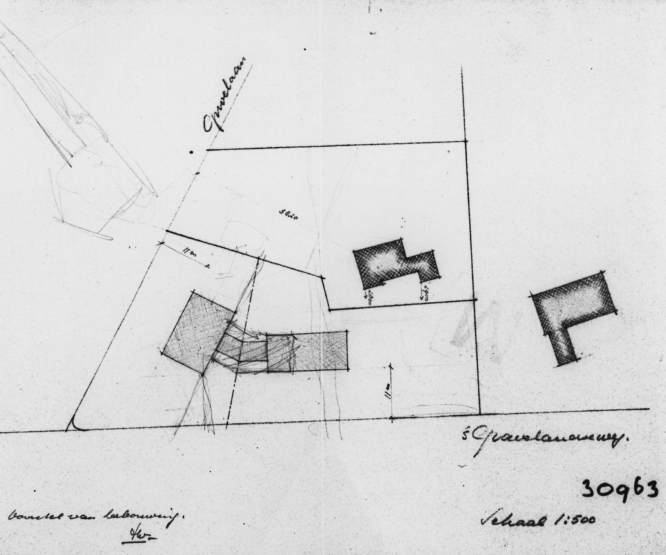 Eerste schetsontwerp voor twee geschakelde villa’s aan de ’s-Gravelandseweg 125-127, 1955. [SAGV]